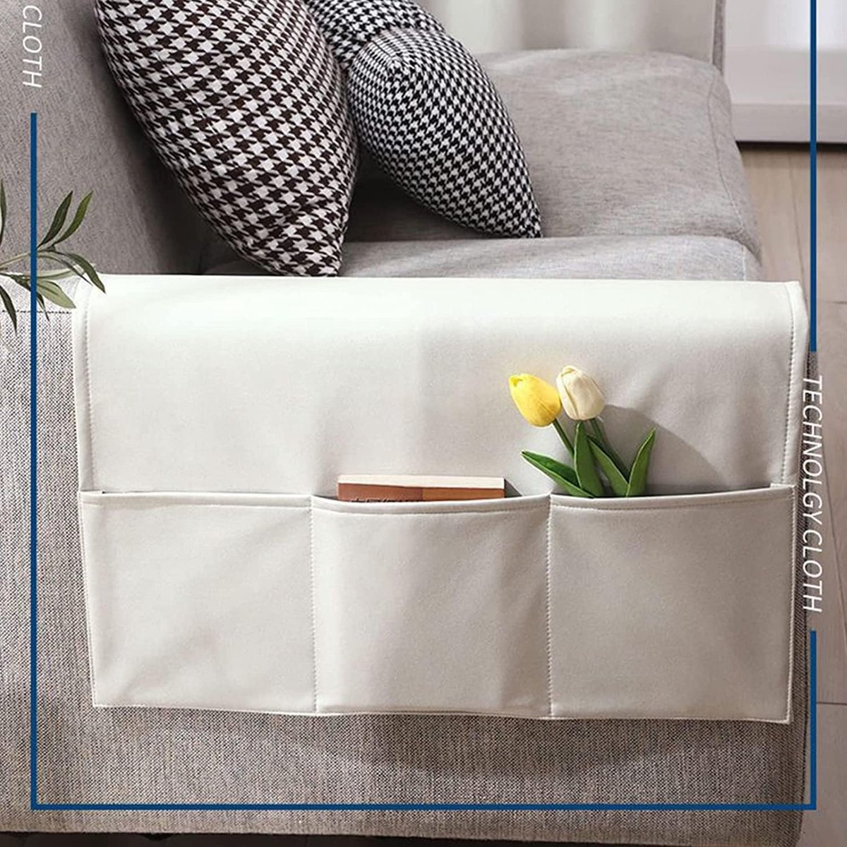 Sofa Armrest Storage - 5 Compartments - Reinforced Tech Fabric - Remote Control Holder - White (70*110CM) - Image 5