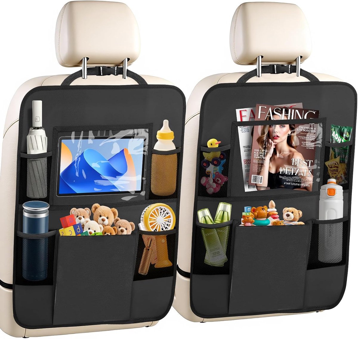 Two-pack storage bags for the car back seat - with touchscreen tablet holder - 6 storage bags - protective cushions - car seat covers - children's travel accessories - Image 1