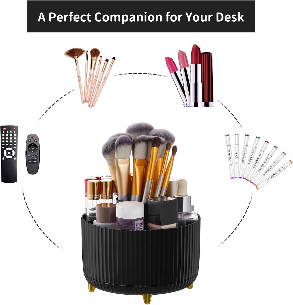 Desk storage box - 360-degree rotating office storage box - Pen holder - 5 pen sorting compartments - Space-saving desk storage box - Black - 15*12.5 cm - Image 4