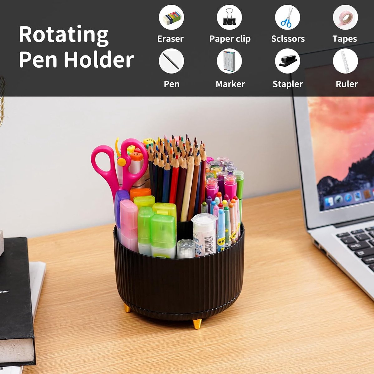 Desk storage box - 360-degree rotating office storage box - Pen holder - 5 pen sorting compartments - Space-saving desk storage box - Black - 15*12.5 cm - Image 5