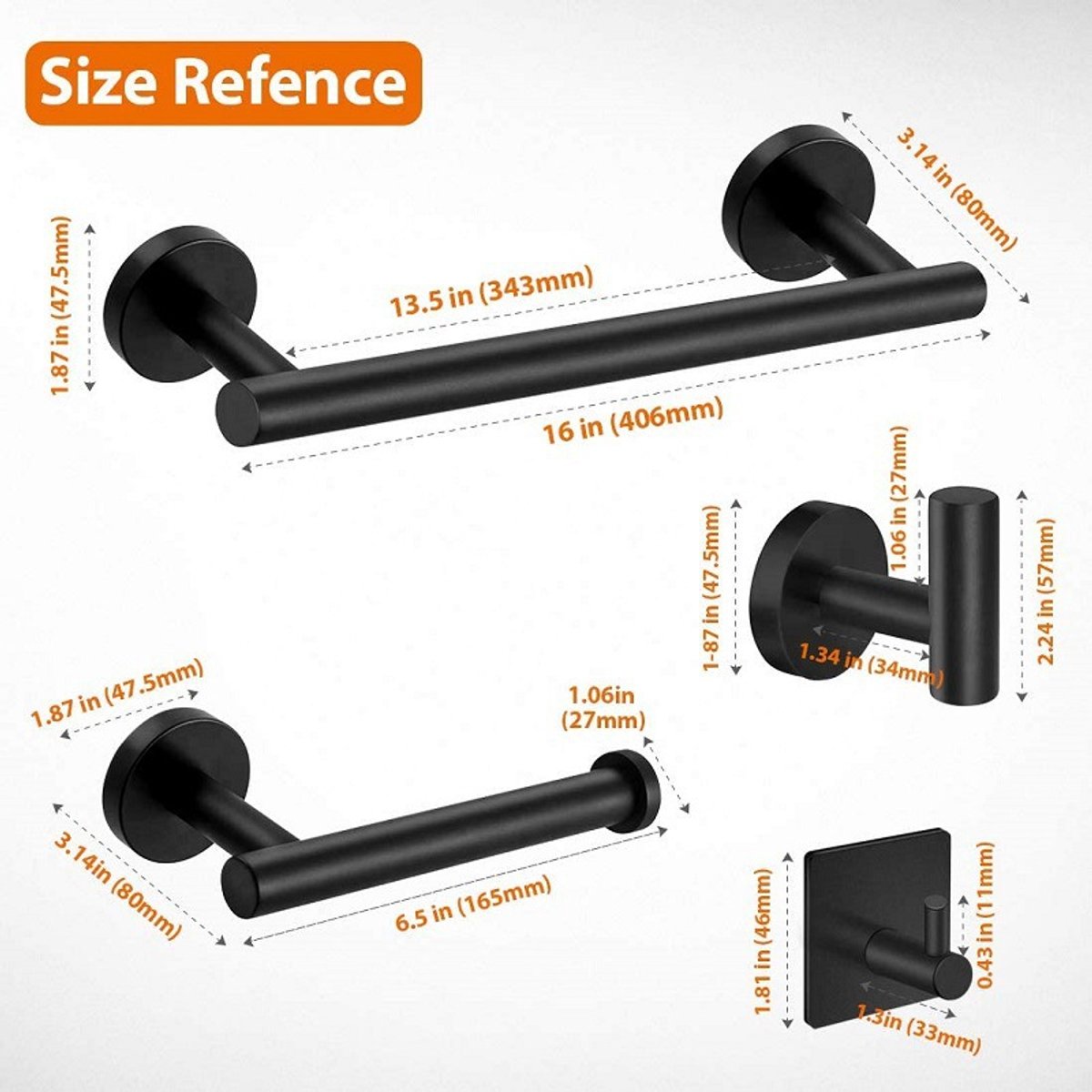5-piece Towel Rail Set – 304 Stainless Steel, Black, Bathroom - Image 3