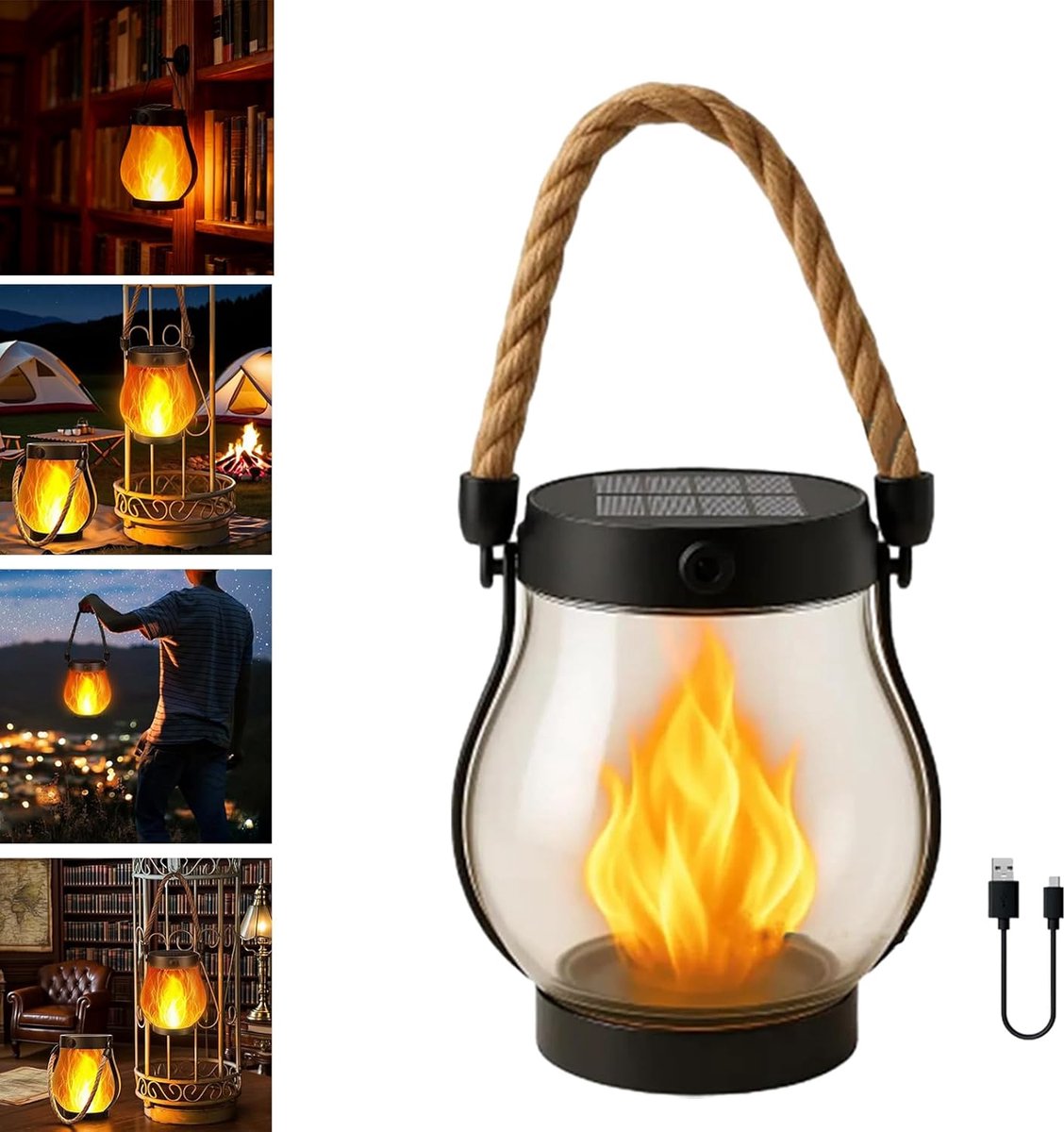 Outdoor solar lights - Solar garden lighting - Solar lantern - Dancing flame outdoor solar lanterns waterproof lighting - Hemp rope flame lamp - For camping garden patio garden halloween decoration (1 piece) - Image 1
