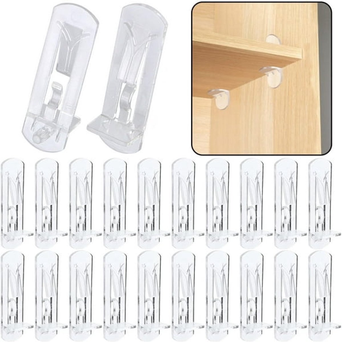 Support nails - 20 plastic shelf support nails with snap closure - 6 mm shelf nails - self-locking bracket clips - transparent shelf nails - suitable for kitchen cabinets, furniture, and bookshelves - 6 mm nails x 5/8 inch thick shelves - Image 1