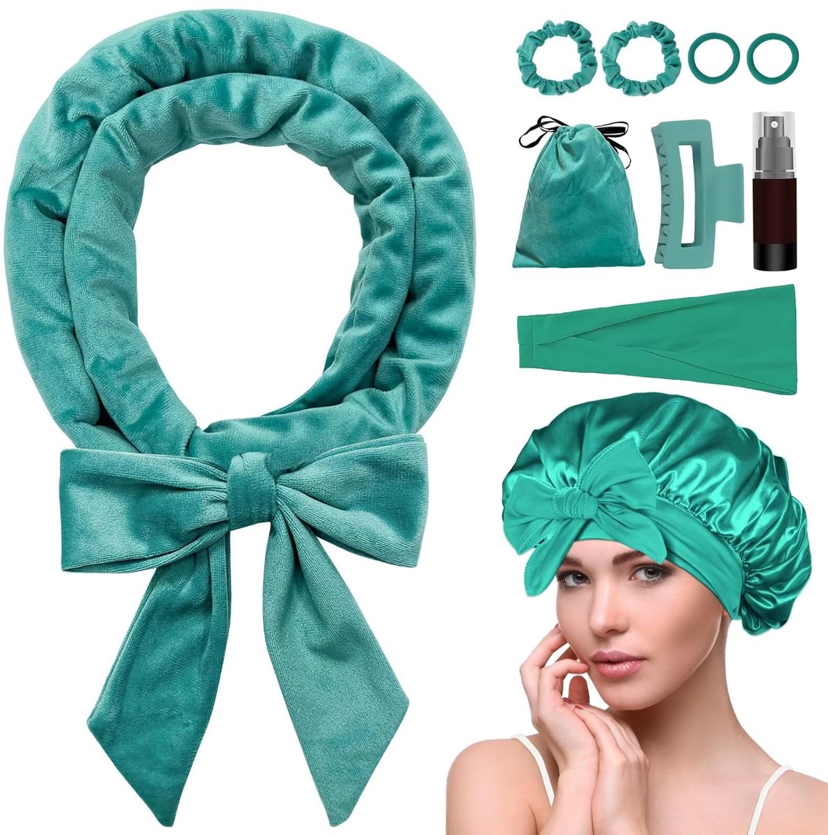 Heat-free hair curlers - Curling rollers - curling set - Blow-dry effect without heat overnight - Soft cap and sleepy bow design - Comfortable curls while you sleep for long hair - vegetable - Image 1