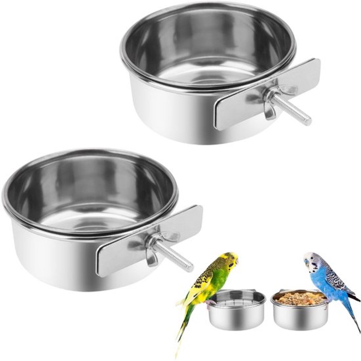 Parrot feeder - Bird food bowl - Stainless steel water bowl for bird cage with clip holder - Suitable for birds and hamsters - 10 cm - 2 pieces - Image 1