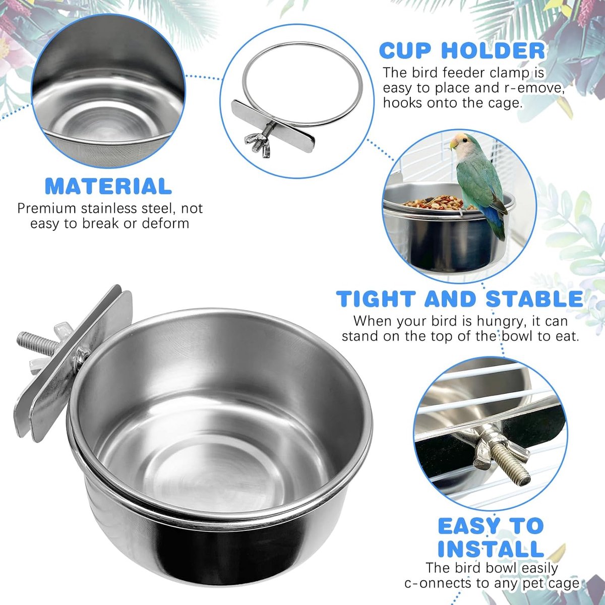 Parrot feeder - Bird food bowl - Stainless steel water bowl for bird cage with clip holder - Suitable for birds and hamsters - 10 cm - 2 pieces - Image 2