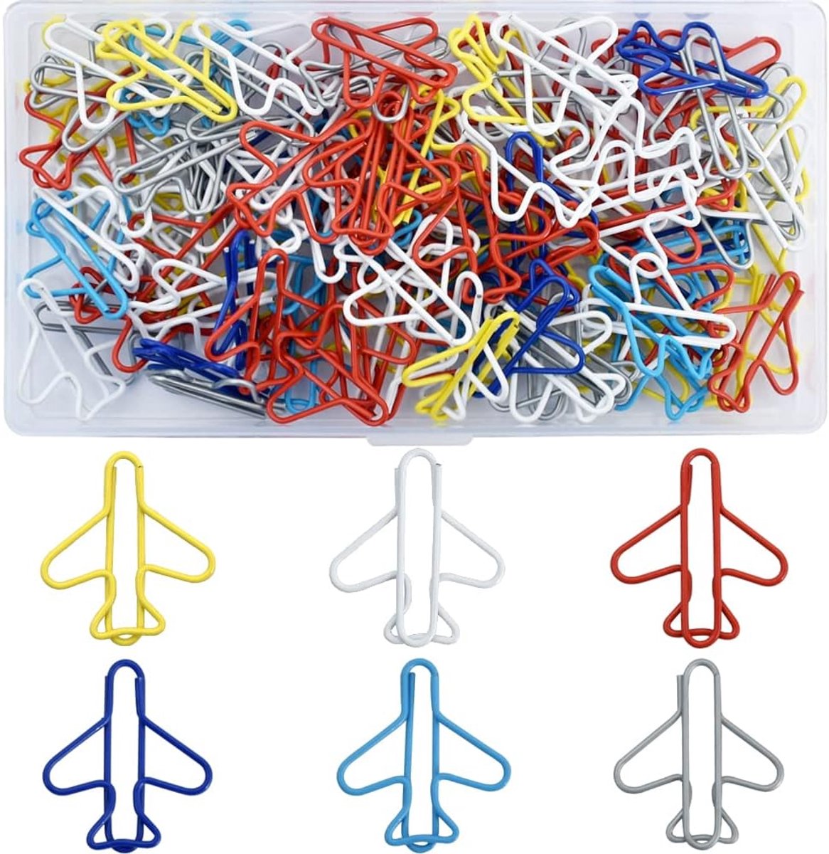 Paperclips - Pack of 100, creative paperclips in the shape of a small airplane in rainbow colors - Available in multiple colors - Fun metal bookmarks in the shape of a small airplane - Image 1