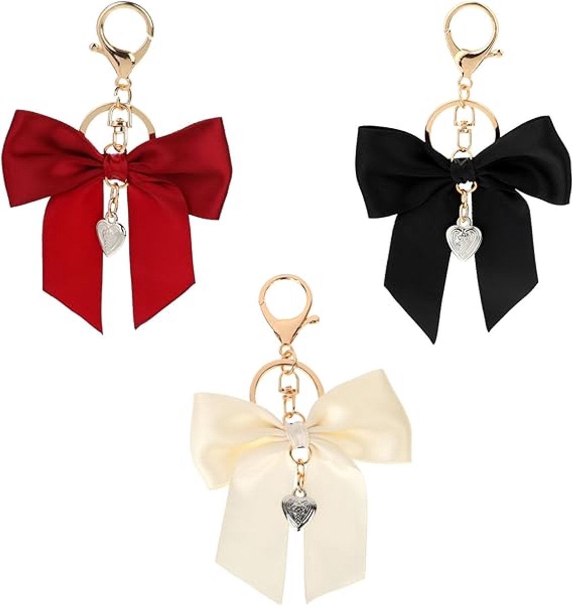 Bag Charms - Set of three cute bag charms with bows - Keychains with red, white, and black bows - Suitable for handbags, car keychains, and bag charms. - Image 1