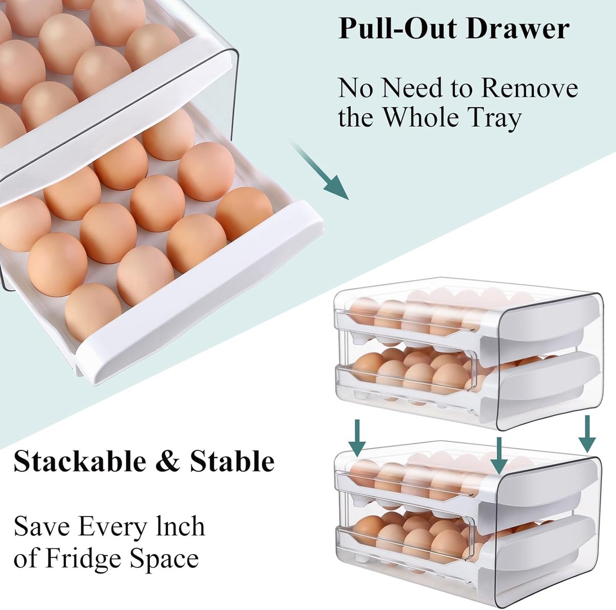 Egg carton - Egg storage box - Kitchen storage box - Double-layered, stackable - Suitable for 40 eggs - Transparent plastic egg holder - 28*22*12 cm - White - Image 3