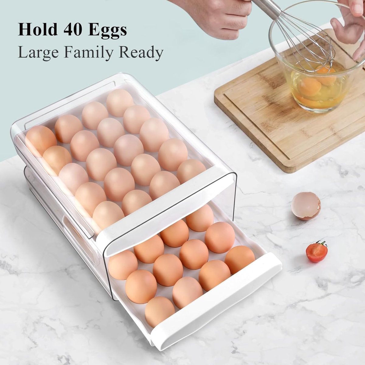 Egg carton - Egg storage box - Kitchen storage box - Double-layered, stackable - Suitable for 40 eggs - Transparent plastic egg holder - 28*22*12 cm - White - Image 4