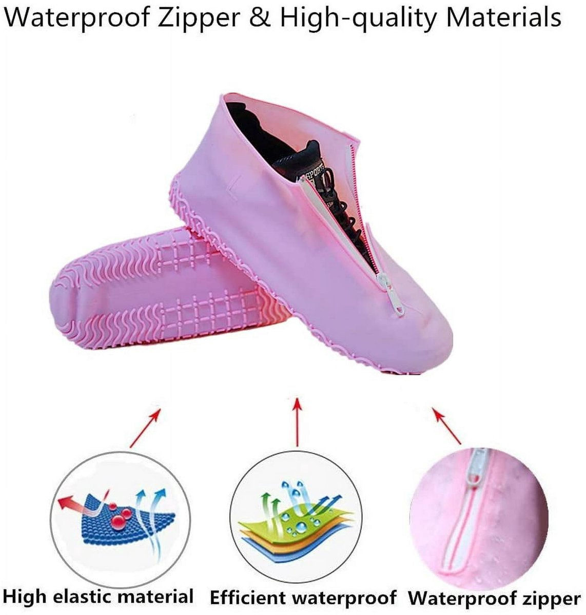 Waterproof shoe covers - reusable, foldable, non-slip rain shoe covers - with zipper - unisex - pink, size L - Image 2