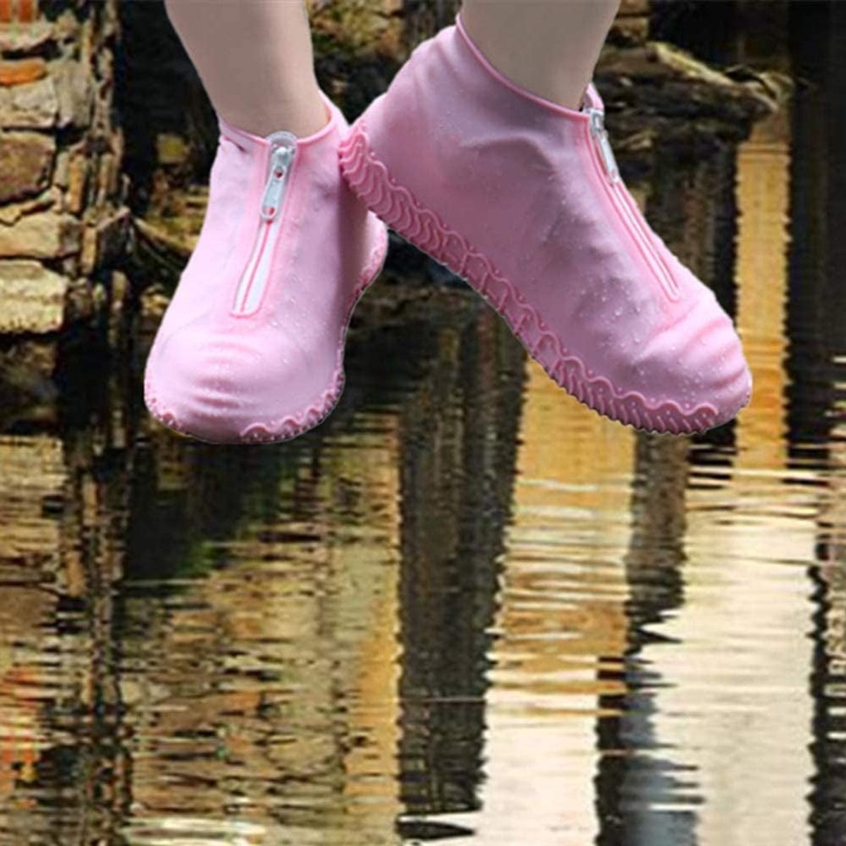 Waterproof shoe covers - reusable, foldable, non-slip rain shoe covers - with zipper - unisex - pink, size L - Image 4
