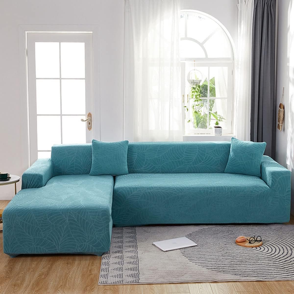Waterproof sofa cover - Bright blue jacquard leaf pattern - For single sofa (90-140 cm) - Image 1