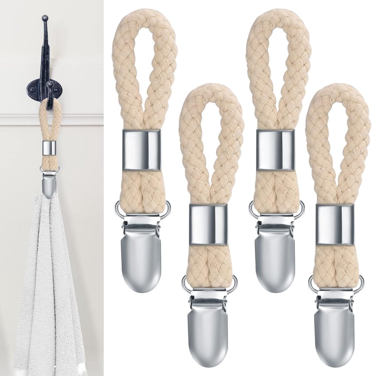Towel clips - 4 towel clips - for hanging towels - towel clips with loops - towel clips - towel hooks - dishcloth and towel rack clips - Image 1