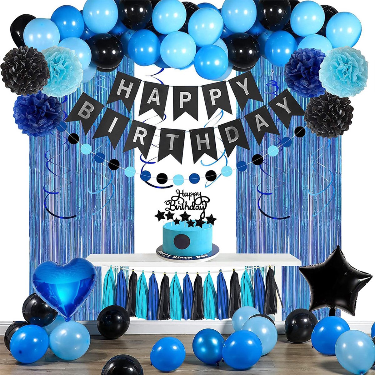 Blue-black birthday party decoration set - Banner & balloons - Image 1