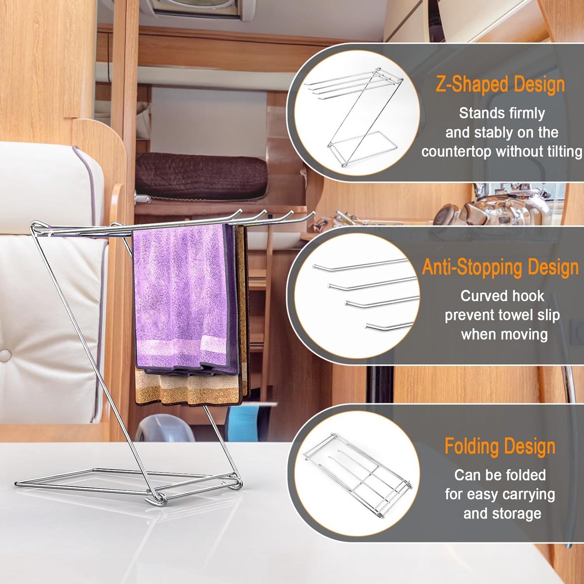 Kitchen Towel Holder, 4-Arm Kitchen Towel Rack for Drying Dishcloths Hand Towels, Foldable Free Standing Hand Towel Holder for Countertop Bathroom Kitchen Organization RV Essentials, 2 Pack - Image 4