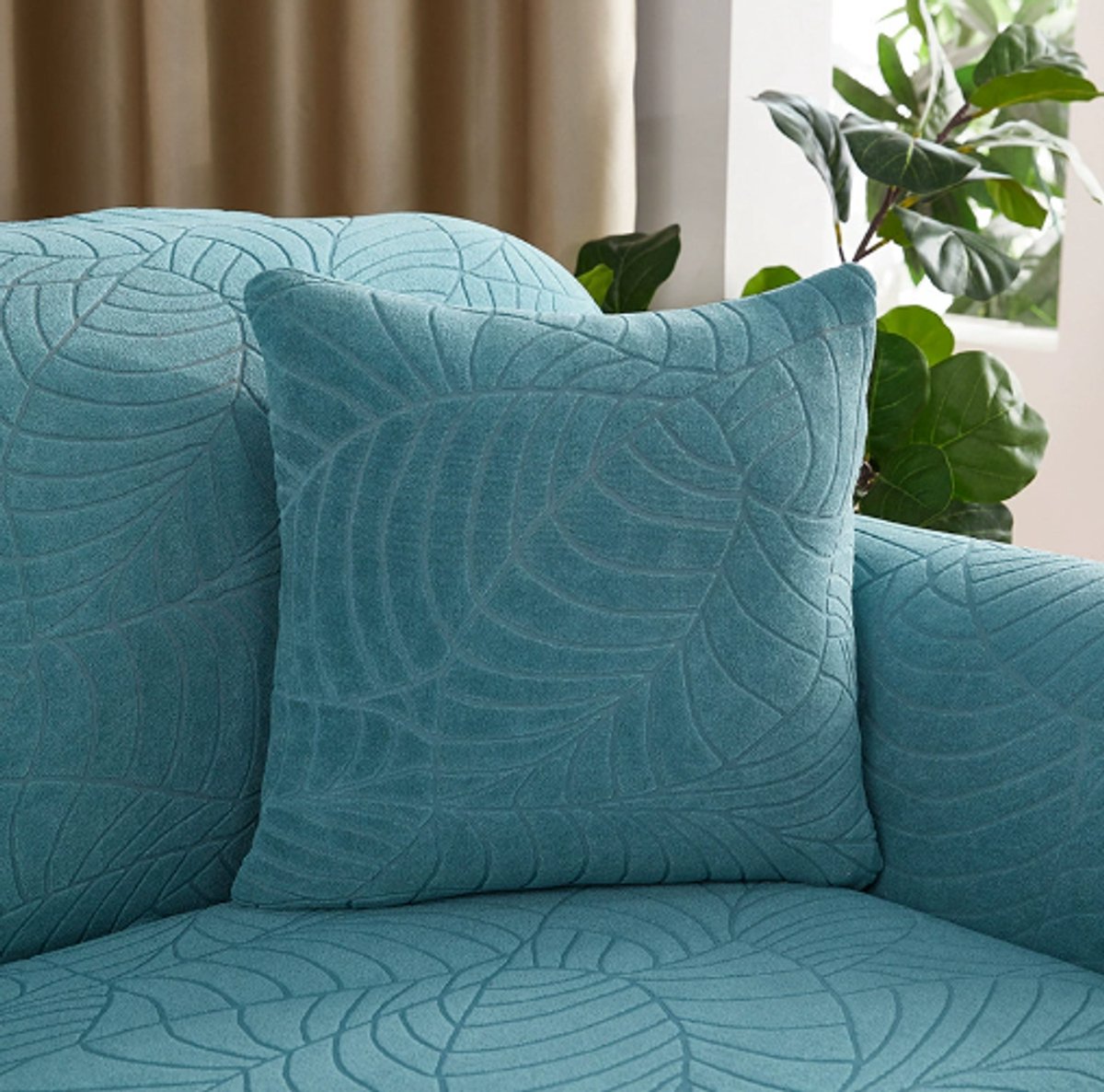 Waterproof cushion cover 45x45 - Set of 2 cushion covers - Bright blue jacquard leaf pattern - Image 1