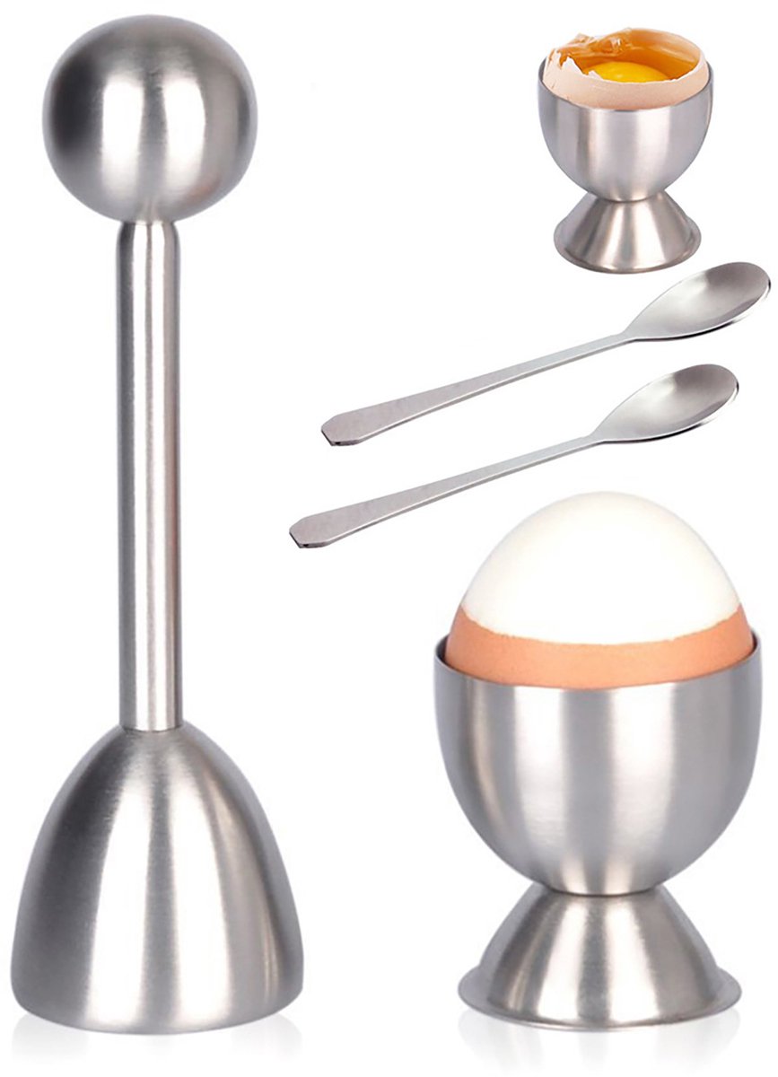 Egg Opener - Egg Separator - Eggshell Opener - Soft and Hard-Boiled Egg Separator - Includes 2 Egg Spoons, 2 Egg Cups and 1 Egg Opener - Top Slicer, Stainless Steel - Breakfast Kitchen Utensils - Image 1