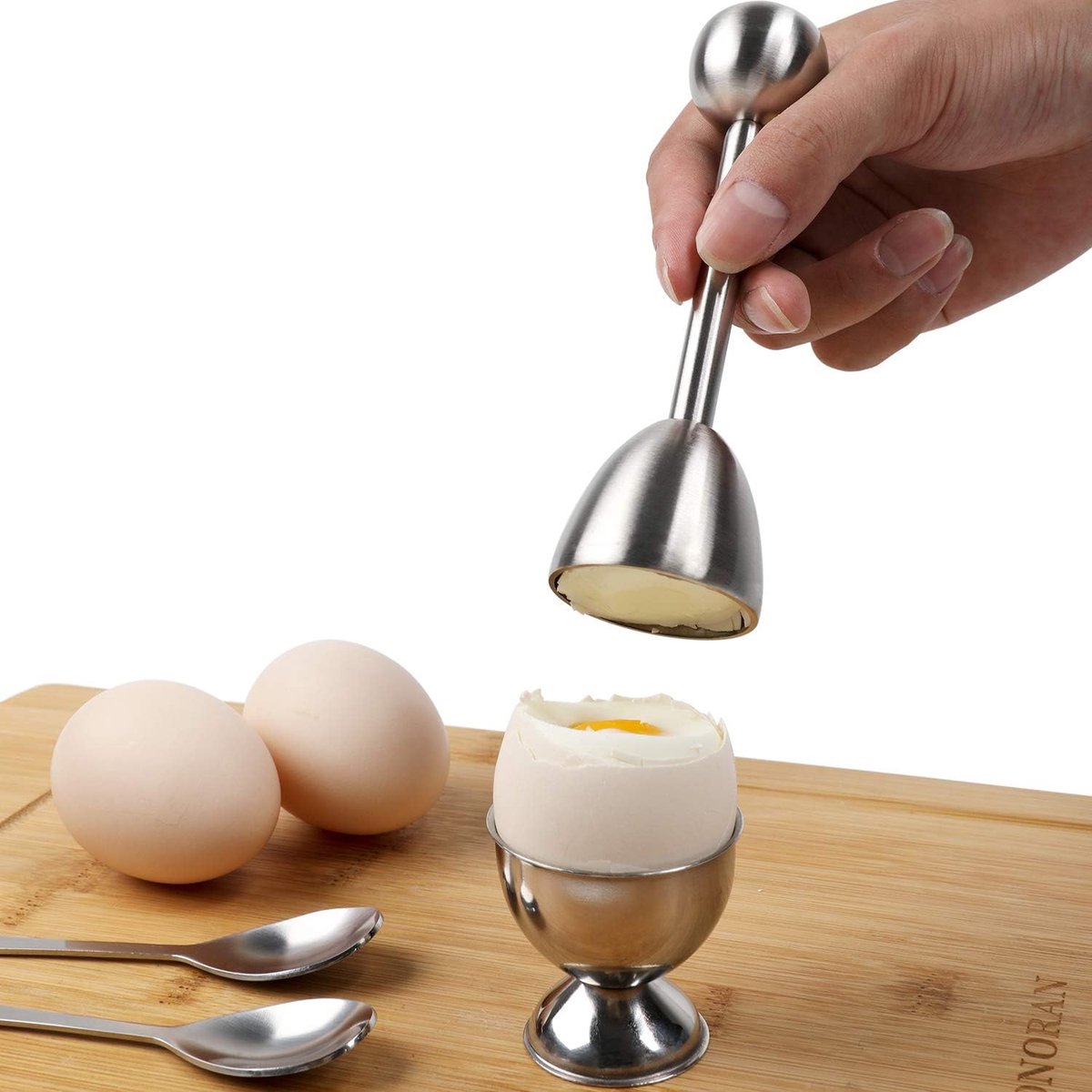 Egg Opener - Egg Separator - Eggshell Opener - Soft and Hard-Boiled Egg Separator - Includes 2 Egg Spoons, 2 Egg Cups and 1 Egg Opener - Top Slicer, Stainless Steel - Breakfast Kitchen Utensils - Image 3