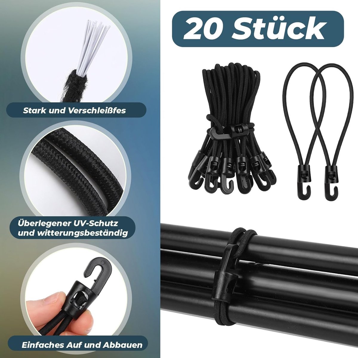 Elastic ropes with hooks - 20 pieces, 10 cm each - Multifunctional tarpaulin tensioner - Rubber tensioner - Suitable for tarpaulins, tents, camping - Image 2