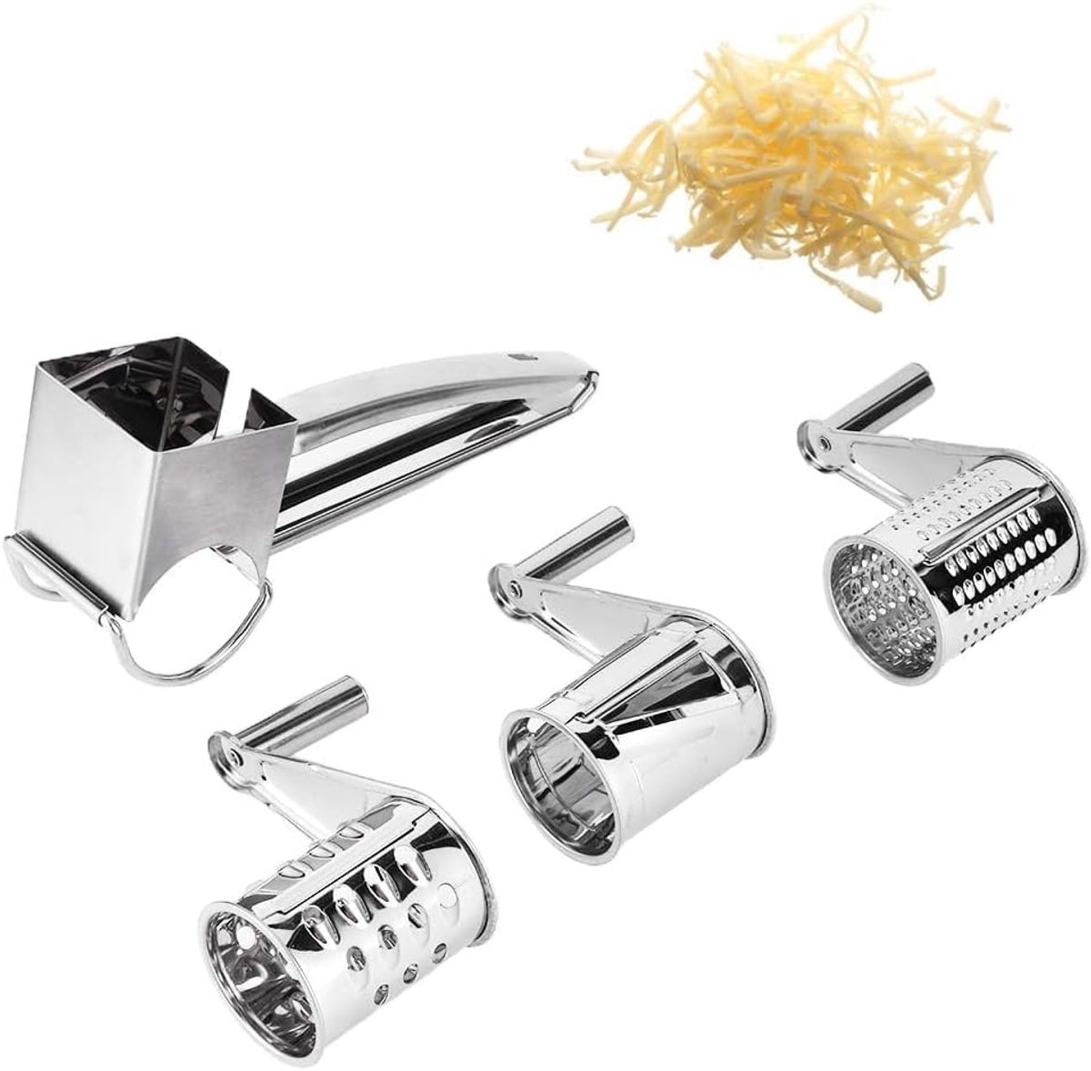 Rotary cheese grater - Stainless steel cheese cutter - Slicer - Grater - With 3 roller blades - Handy design - Suitable for kitchens - Image 1