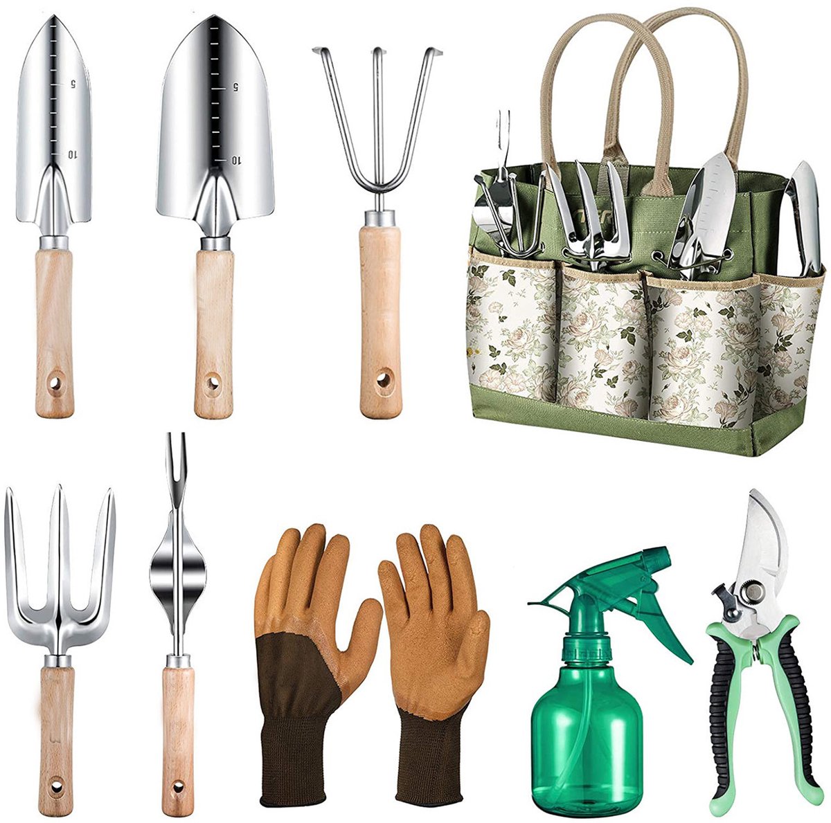 9-piece Garden Set – Stainless steel, wooden handles & watering can - Image 1