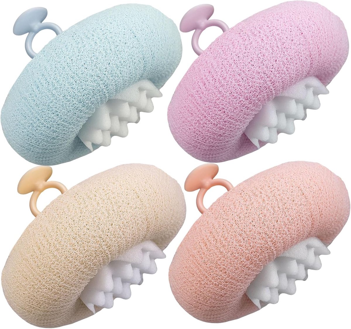 Cleaning Brush - 4-pack Newly improved 2-in-1 Sunflower Bath Ball - Ultra-soft Bath Sponge Cleaning Brush - Bath Ball with Suction Cup and Ring - Exfoliating Bath Sponge (Pink + Blue-Green + Beige + Purple) - Image 1