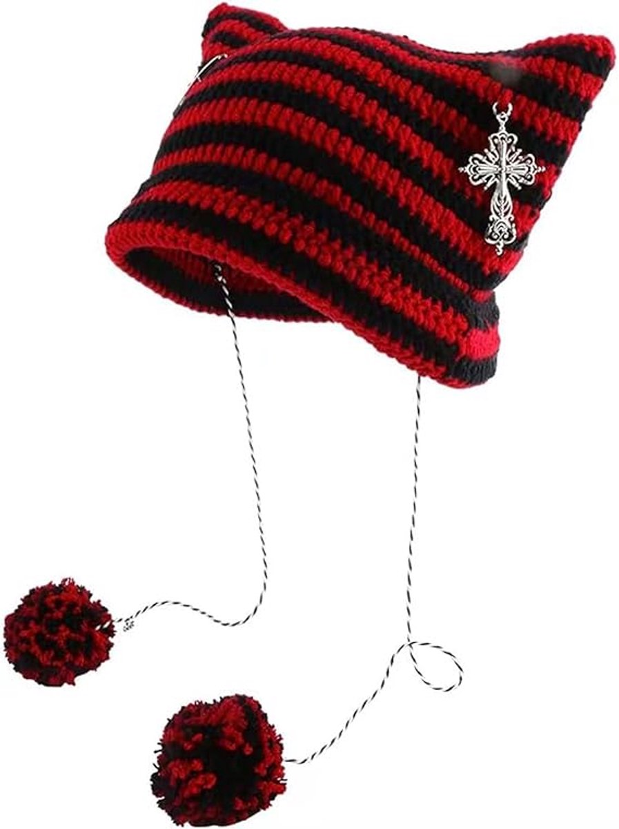 Ladies' Hat - Retro-style knitted hat - Crocheted girl's hat - Fox and cat ear design - Matches retro-style clothing (One size, red) - Image 1