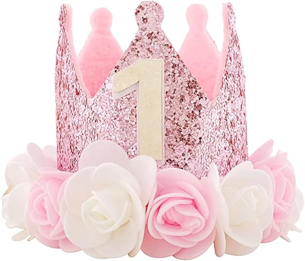 Birthday Hat - Perfect for a girl's first birthday - Rose Gold Party Crown - 3-inch Floral Princess Pink - Image 1