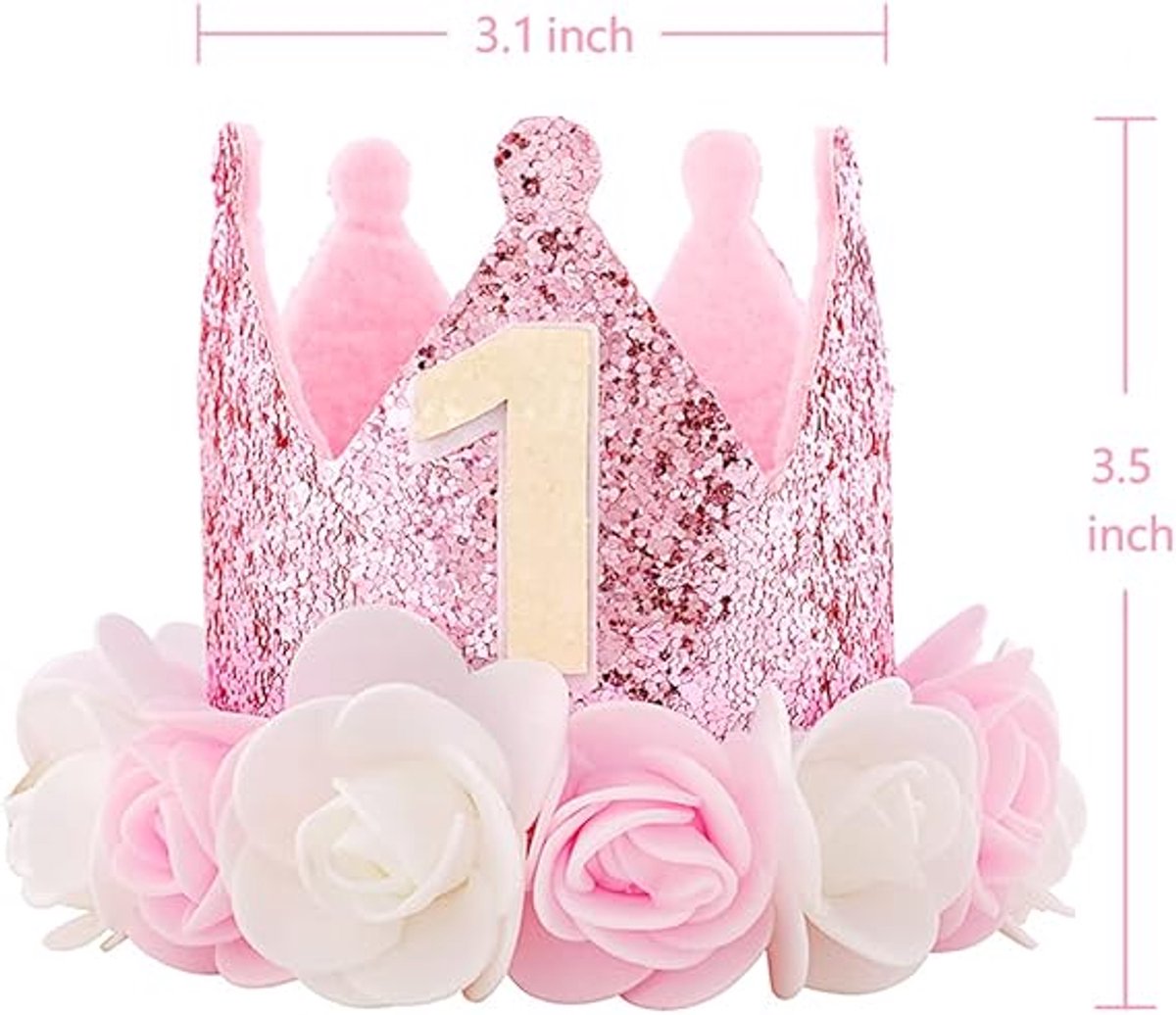 Birthday Hat - Perfect for a girl's first birthday - Rose Gold Party Crown - 3-inch Floral Princess Pink - Image 2