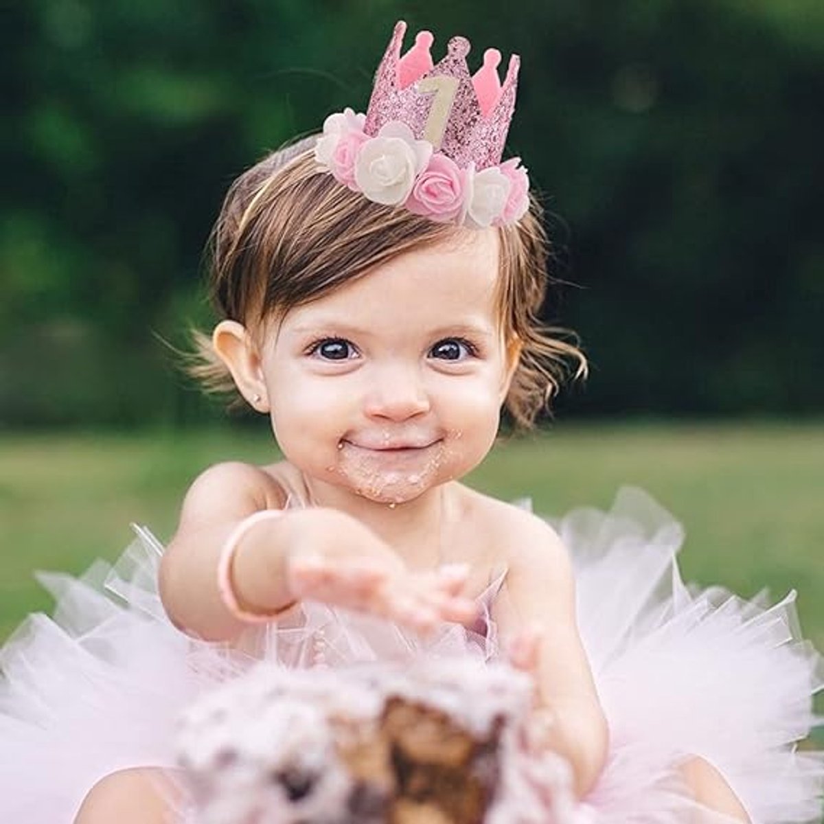 Birthday Hat - Perfect for a girl's first birthday - Rose Gold Party Crown - 3-inch Floral Princess Pink - Image 3
