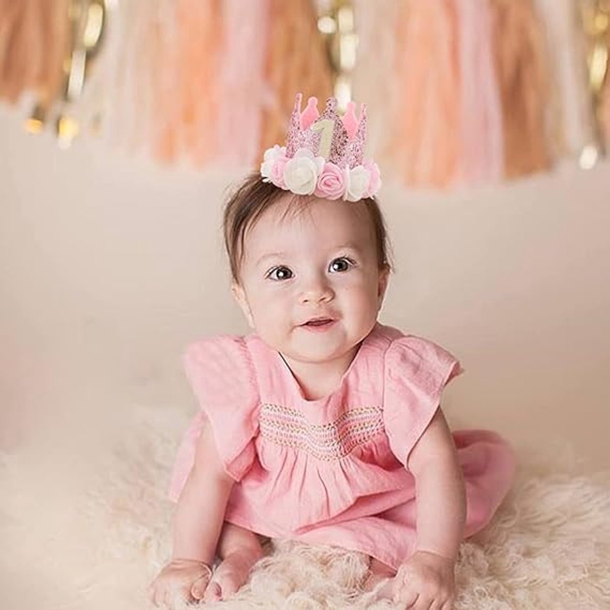 Birthday Hat - Perfect for a girl's first birthday - Rose Gold Party Crown - 3-inch Floral Princess Pink - Image 4