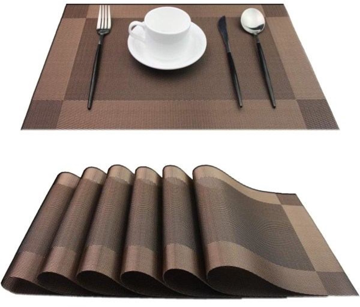Placemats - Heat-resistant, non-slip placemats - Easy-to-wipe and clean woven placemats - Suitable for dining tables - Set of 6 pieces - Chocolate brown - Image 1