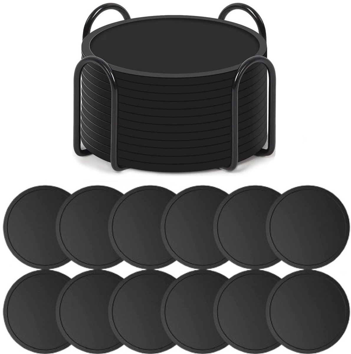 Silicone Coasters with Holder - Set of 12 - Coasters for Glasses - Coaster Set - Round Coaster Design - Coasters - Anti-Slip - Heat Resistant - Black - Gift - Image 1