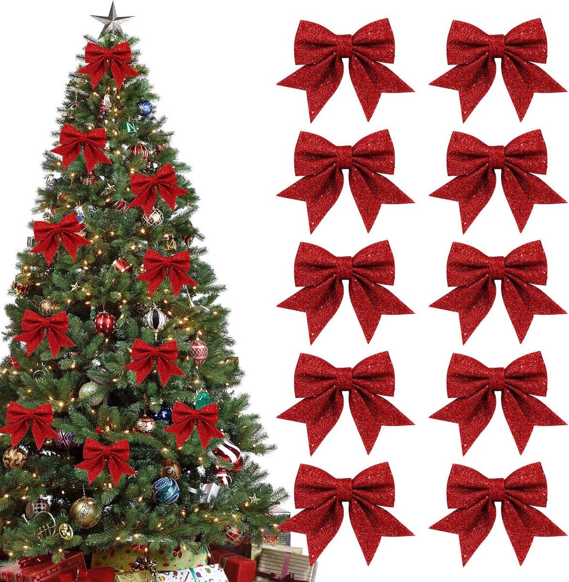 10 Pieces Red Christmas Bows - 12 x 15 cm - Glitter - Christmas Decoration Bows - Christmas Ornaments - Christmas Tree Decoration - Christmas Bows - Christmas Atmosphere - Christmas - For Christmas Party, Christmas Tree, Indoors, Crafts - Image 1