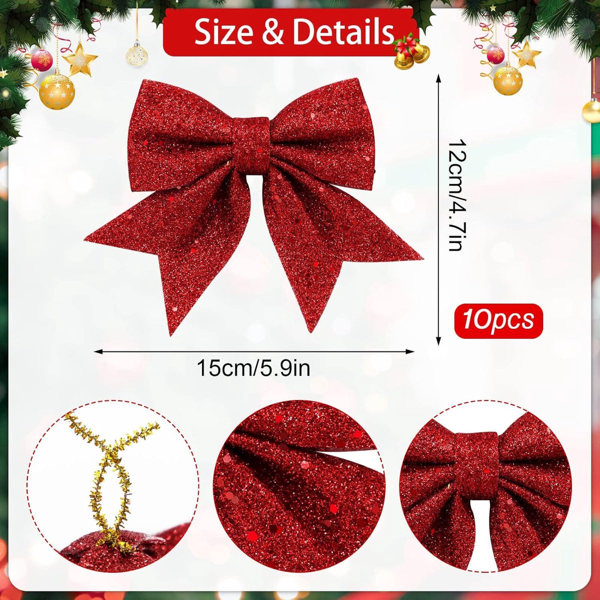 10 Pieces Red Christmas Bows - 12 x 15 cm - Glitter - Christmas Decoration Bows - Christmas Ornaments - Christmas Tree Decoration - Christmas Bows - Christmas Atmosphere - Christmas - For Christmas Party, Christmas Tree, Indoors, Crafts - Image 2