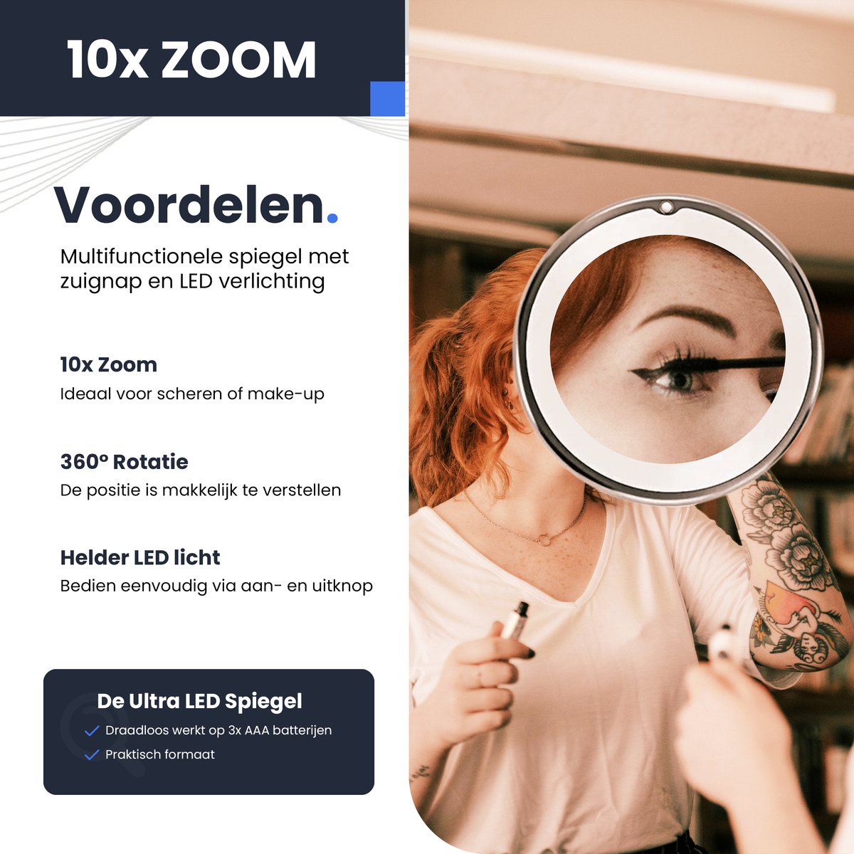 Ultra LED Makeup Mirror with Lighting and 10x Magnification - Shaving Mirror with Suction Cup - 360° Adjustable – Wireless 3 AAA Batteries - Image 5