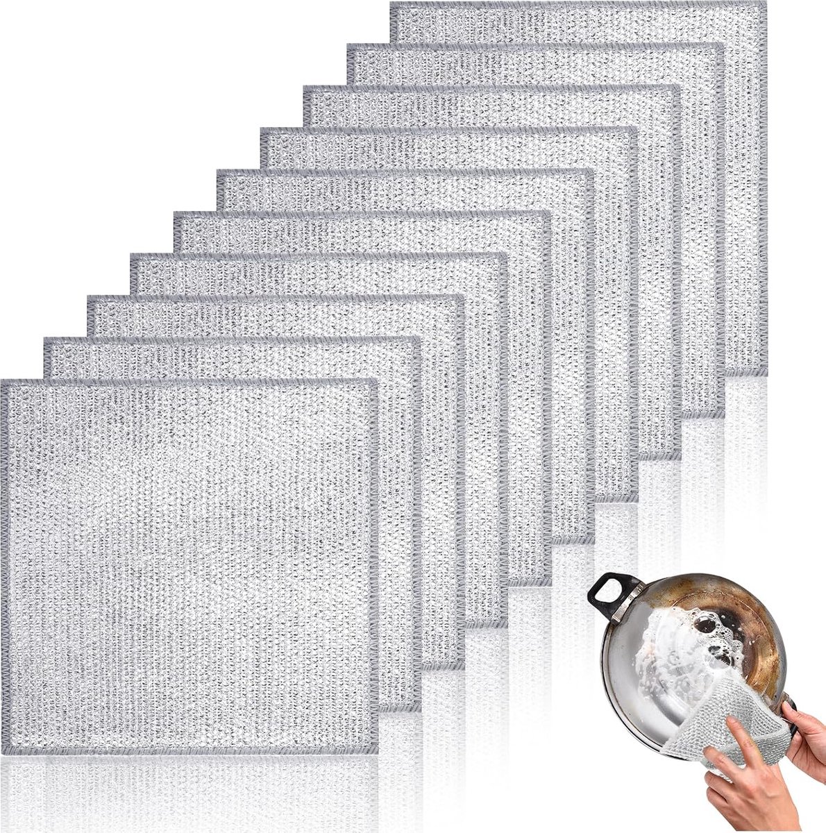 Dishcloths - 10 Pieces - String Dishcloths - Dishcloths - Silver Thread Cloths - Cleaning Cloths - Scouring Pad - Reusable - Multifunctional - For Cleaning Pans, Stoves, Baking Trays, Ovens and Grills - For Stubborn Stains - 20x20cm - Image 1