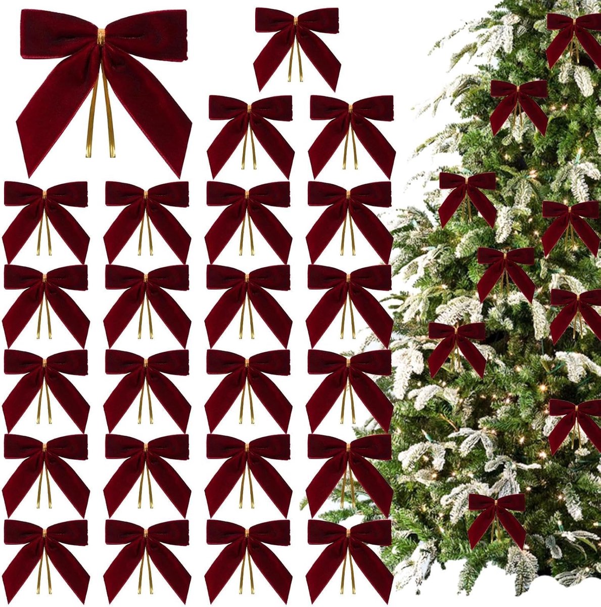 24 Piece Velvet Christmas Bows - Glitter - Christmas Decoration Bows - Christmas Ornaments - Christmas Tree Decoration - Christmas Bows - Christmas Atmosphere - Christmas - 3.5 x 3.5 inches - For Christmas Party, Christmas Tree, Indoors, Crafts - Wine Red - Image 1