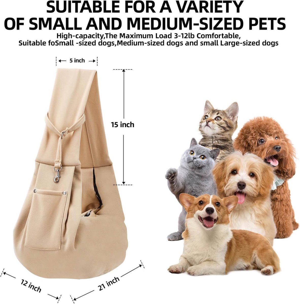 Dog Carrier Bag - Dog Sling - Waterproof - Dog Bag - Cat Travel Bag - Dog Carrier - Pet Carrier Bag Dog - Small Dog Front Carrier for Travel - Animal Carrier Bag - Max 10 Kg - Dog Carrier Bag - For Cats, Dogs and Pets - Khaki - Image 2