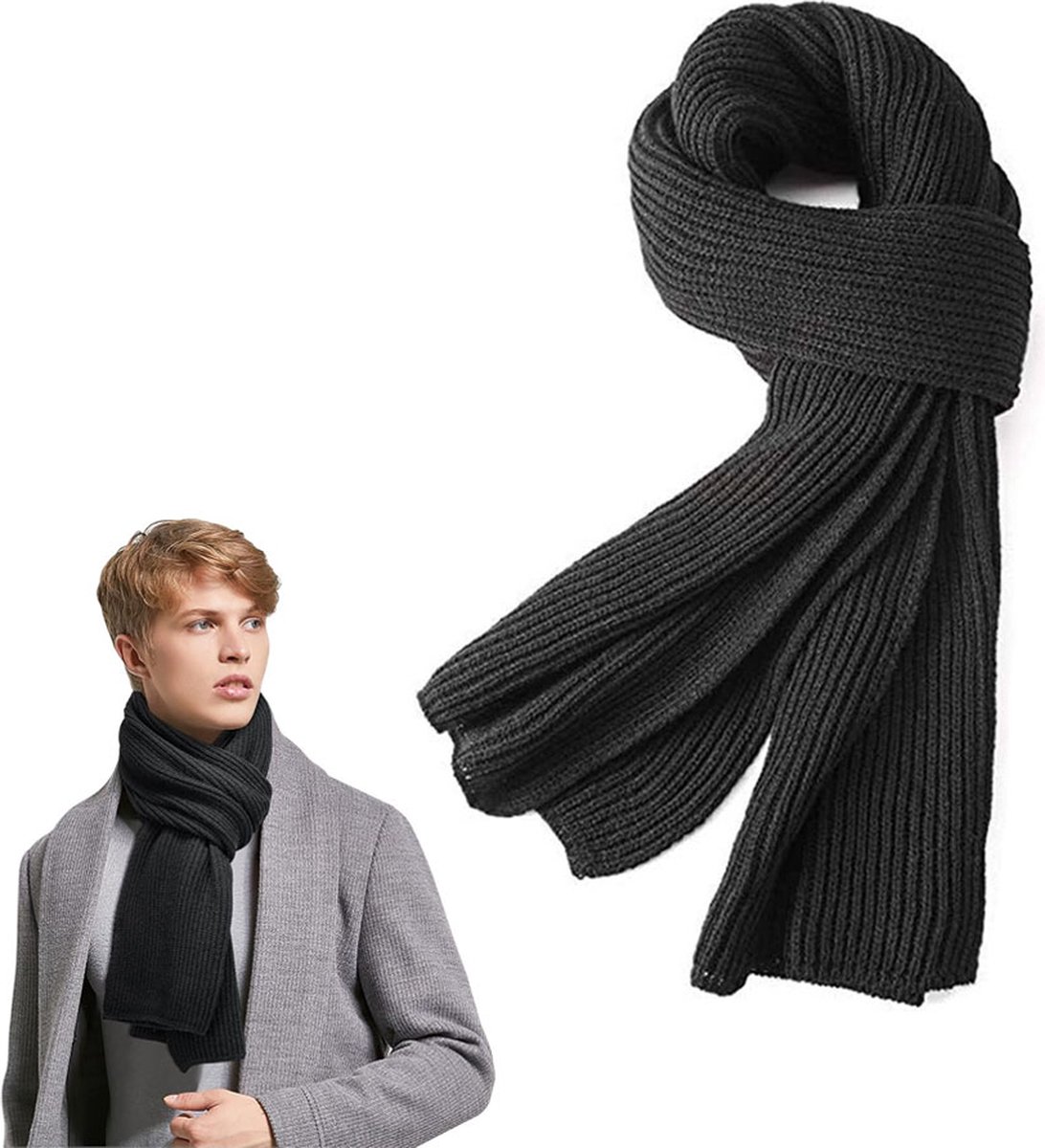 Knitted Scarf for Women & Men - Warm Winter Scarf - Small Scarf - Unisex - Oblong Scarf - Wool Scarf - Winter Warm & Soft - Men's Scarf - Women's Scarf - Finely Woven Scarf - Classic Scarf - Black - 185 x 30 Cm - Image 1