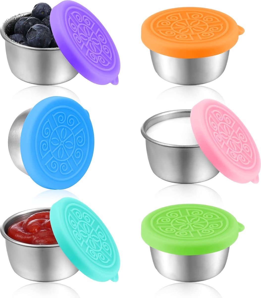 Mini Food Storage Containers - Stainless Steel Snack Box - To Go Set of 6 Dressing Jars 50ml - Sustainable Snack Boxes - Freezer Containers - Lunchbox Seal Cup - Silicone Storage Containers with Lids - Dressing Container - BPA Free - Leakproof - For Snack - Image 1