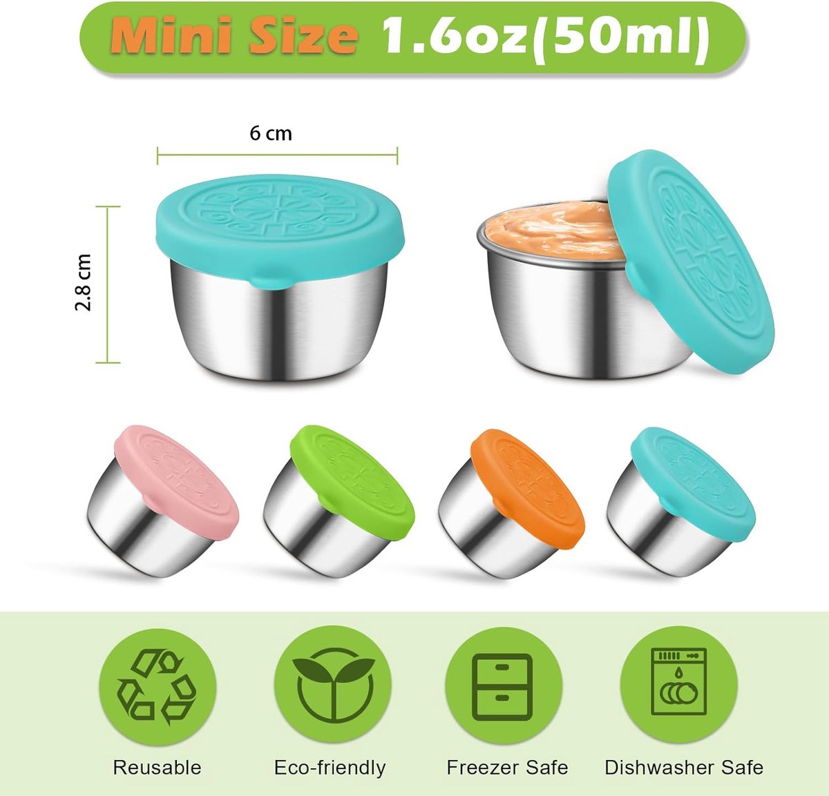 Mini Food Storage Containers - Stainless Steel Snack Box - To Go Set of 6 Dressing Jars 50ml - Sustainable Snack Boxes - Freezer Containers - Lunchbox Seal Cup - Silicone Storage Containers with Lids - Dressing Container - BPA Free - Leakproof - For Snack - Image 5