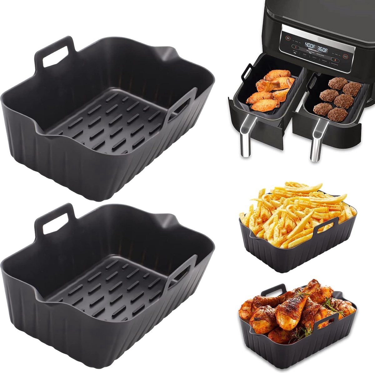 2 Airfryer Silicone Trays - Airfryer Accessories - BPA Free - Baking Paper Alternative - Airfryer Trays - Airfryer Liner - Rectangular - Airfryer Silicone Baking Paper - 17.5x12x6 Cm - Baking Mold - Black - Sustainable - Non-Stick - Dishwasher Safe - Image 1