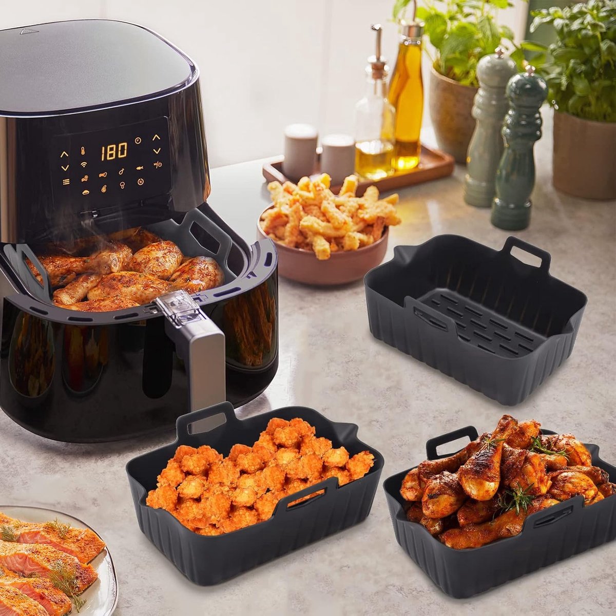2 Airfryer Silicone Trays - Airfryer Accessories - BPA Free - Baking Paper Alternative - Airfryer Trays - Airfryer Liner - Rectangular - Airfryer Silicone Baking Paper - 17.5x12x6 Cm - Baking Mold - Black - Sustainable - Non-Stick - Dishwasher Safe - Image 2