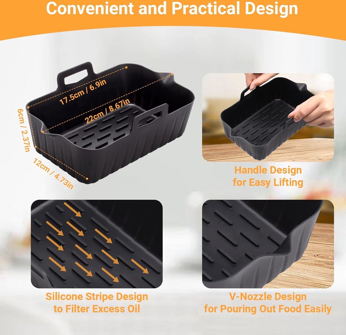 2 Airfryer Silicone Trays - Airfryer Accessories - BPA Free - Baking Paper Alternative - Airfryer Trays - Airfryer Liner - Rectangular - Airfryer Silicone Baking Paper - 17.5x12x6 Cm - Baking Mold - Black - Sustainable - Non-Stick - Dishwasher Safe - Image 4