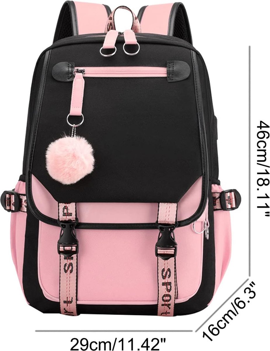 Girls School Student School Bag Outdoor Backpack With USB Charging Port, Black Pink - School Bag - Backpack - Rucksack - School - Girls - Boys - Teenagers - Book Bag - Girl's Backpack - Backpacks - Rucksack For Children - Waterproof - Laptop Backpack - Image 3
