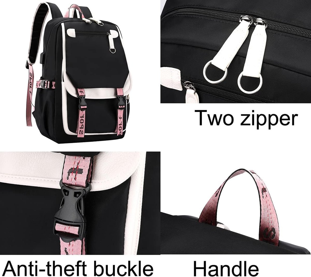 Girls School Student School Bag Outdoor Backpack With USB Charging Port, Black Pink - School Bag - Backpack - Rucksack - School - Girls - Boys - Teenagers - Book Bag - Girl's Backpack - Backpacks - Rucksack For Children - Waterproof - Laptop Backpack - Image 5