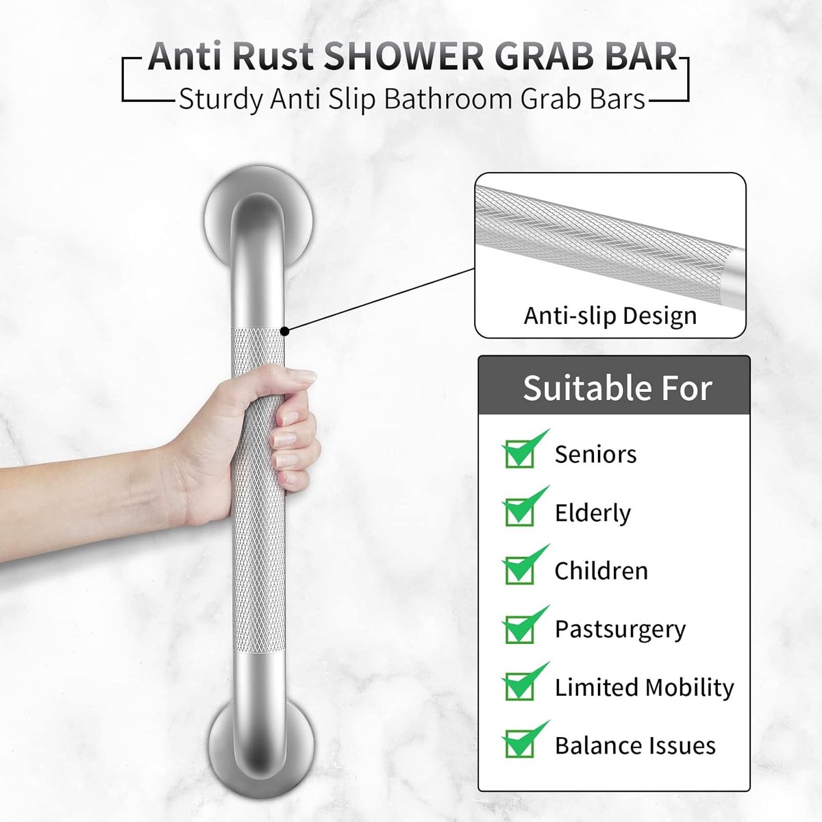 Wall Bracket - Extra Grip - Handle/Wall Grab Bar for Bathroom/Shower/Toilet - 30cm - 2 Pieces - Toilet Grab Bar - Bath Grab Bar - Shower Grab Bar - Non-Slip Grab Bar - Bathroom Handle - Bathroom - Kitchen - Stairs - Furniture Hardware - Mounting Hardware - Image 4