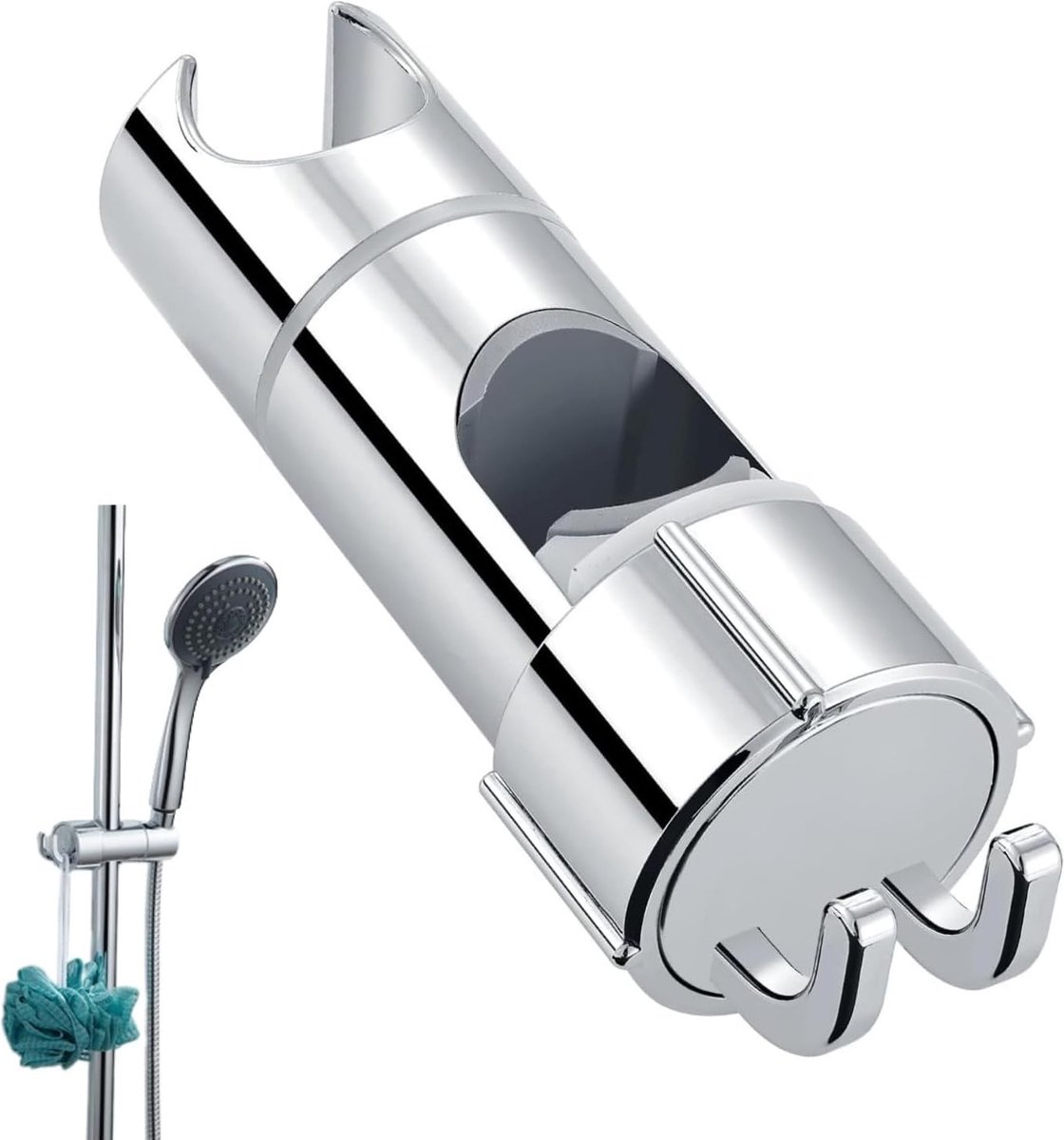 Slide Piece for Shower Rod - ø 18-25 mm - Hand Shower Bracket - With 2 Hooks - Chrome - Adjustable - ABS - Hand Shower - Shower Head - Shower Head Holder - Hand Shower Holder - Shower - Bathroom - Silver - Universal - For Shower Rod - Easy Installation - Image 1